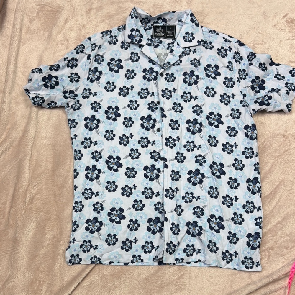 HAWAIIAN PRINT Blue and White Floral Casual summer shirt